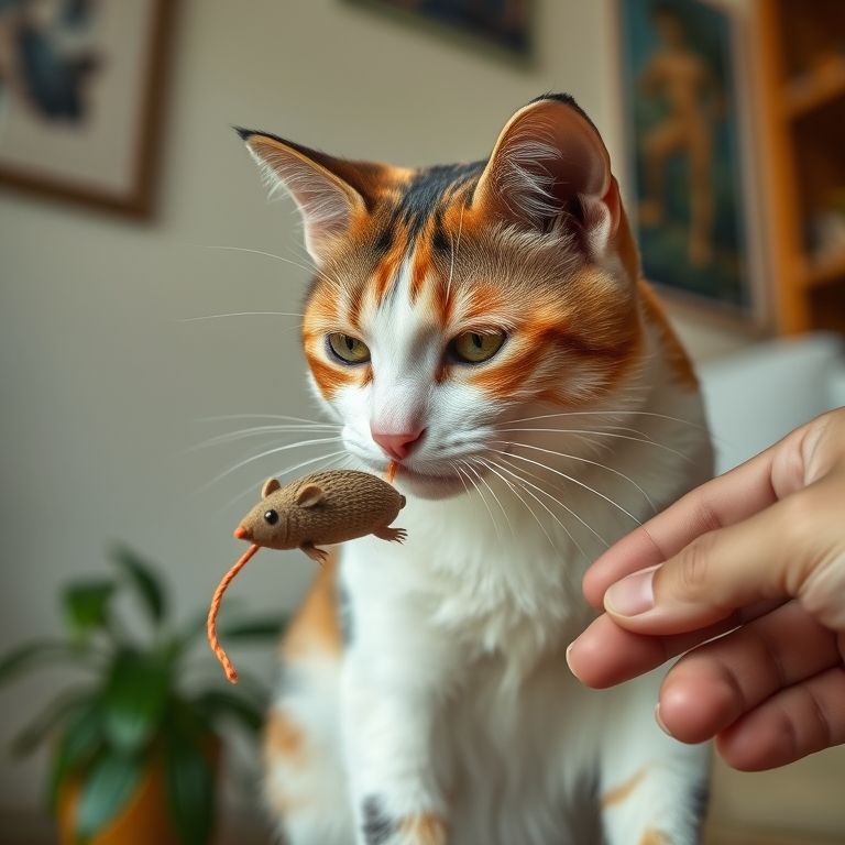 Gata tricolor cheirando brinquedo novo com cautela.
