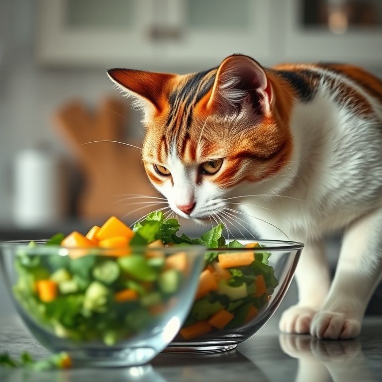 Gata tricolor cheirando tigela de legumes na bancada da cozinha.