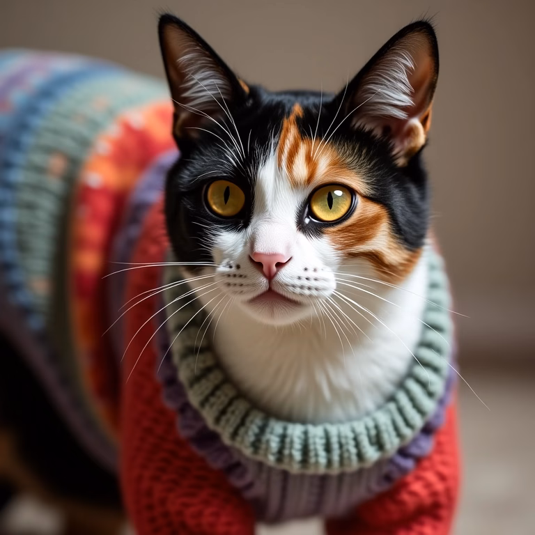 Gata tricolor com suéter estiloso olhando para a câmera.