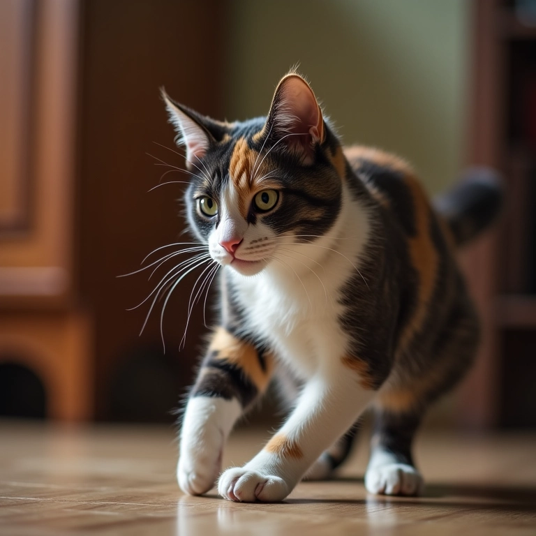 Gata tricolor demonstra pouco interesse ao ser acariciada.