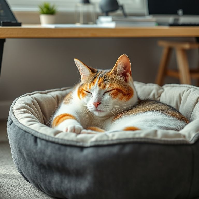 Gata tricolor dormindo em uma caminha ao lado de uma mesa de escritório.