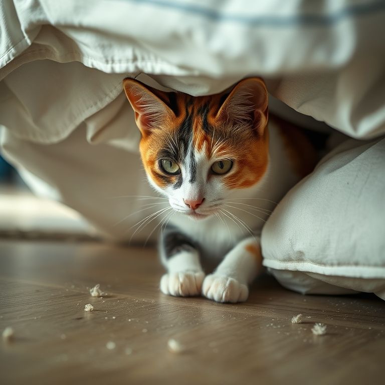Gata tricolor escondida embaixo da cama, isolada.