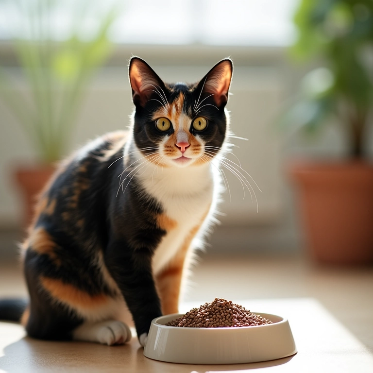 Gata tricolor olhando para a câmera perto da tigela de comida com linhaça.