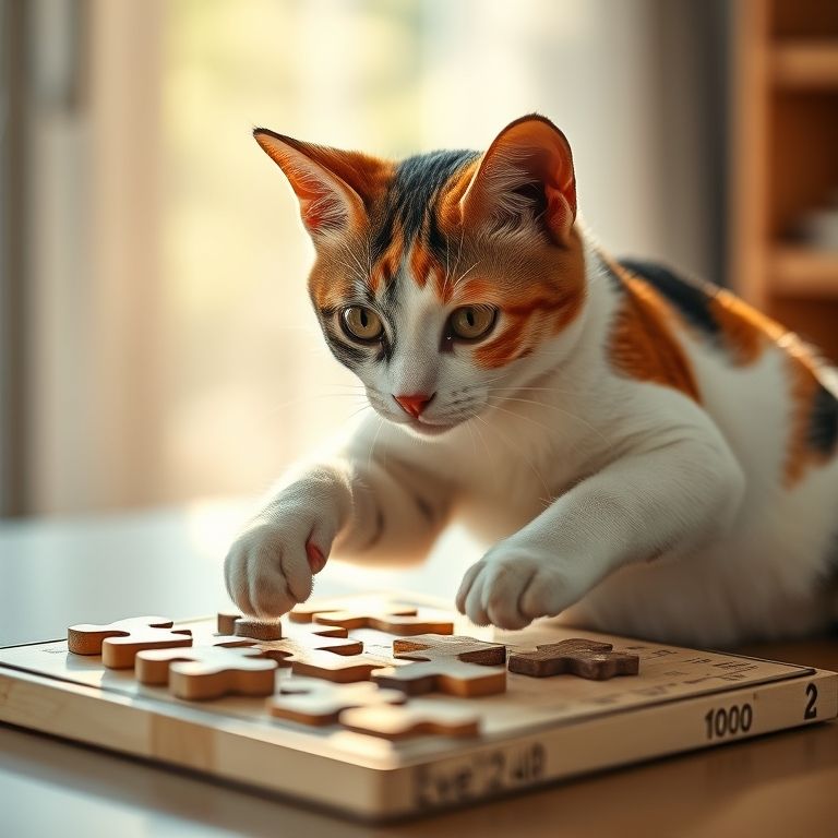 Gata tricolor resolvendo um puzzle de comida de nível 2 sob a luz do sol.
