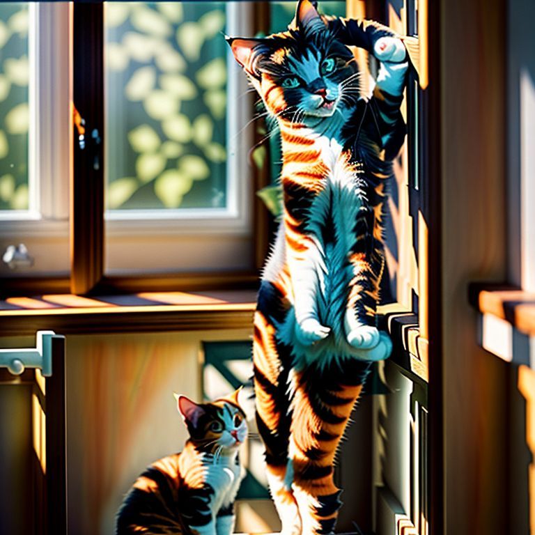 Gata tricolor se espreguiçando, língua à mostra, destacando a queratina.