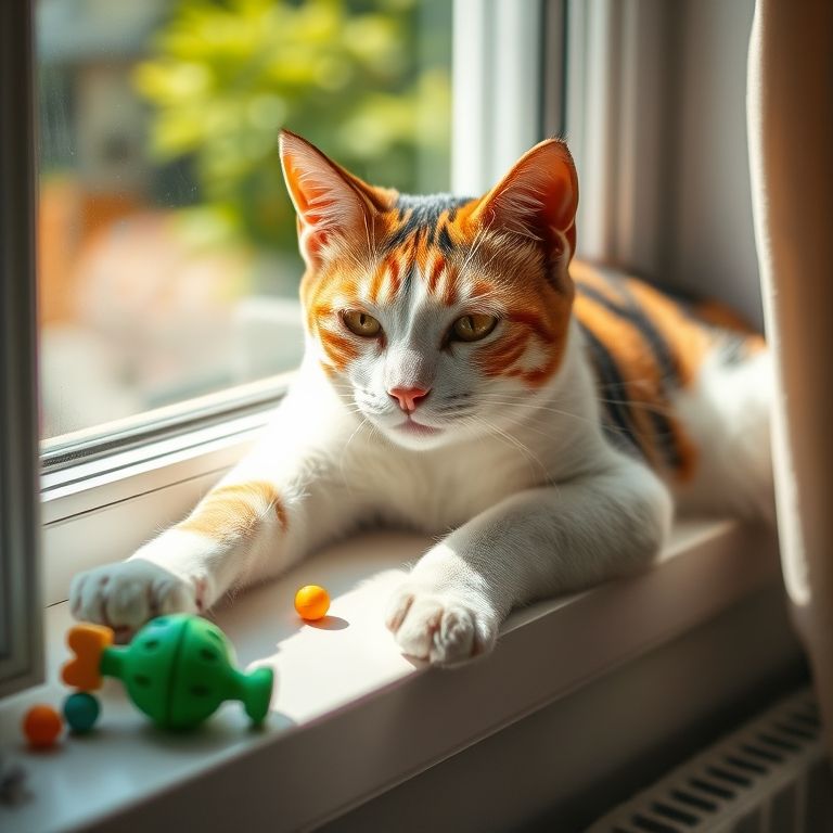 Gata tricolor se espreguiçando na janela.