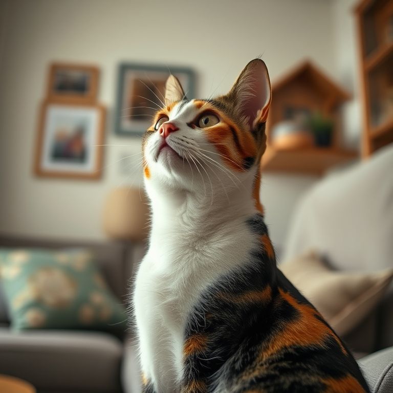 Gata tricolor virando a cabeça ao ouvir o dono chamando seu nome.