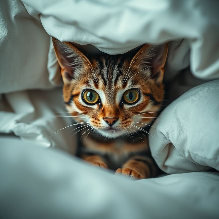 Gato assustado escondido embaixo da cama, olhando para a câmera.