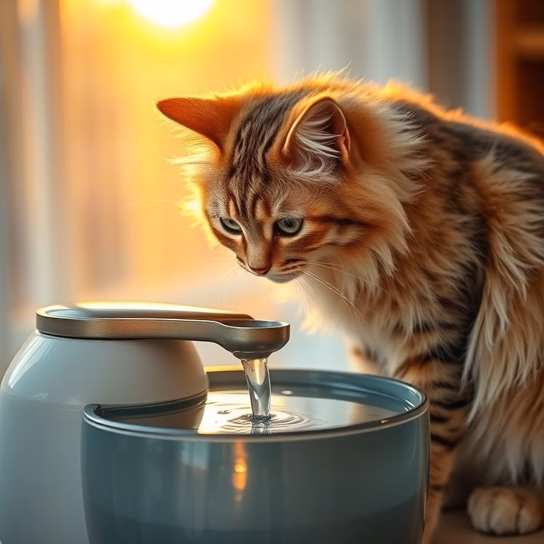 Gato bebendo água em fonte para pets.
