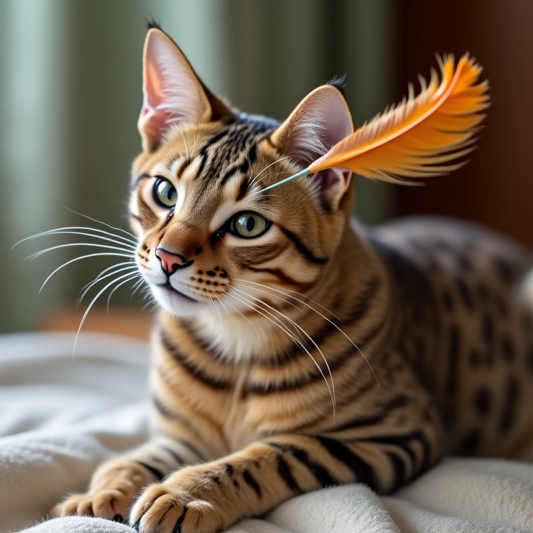 Gato Bengal brincando com brinquedo de pena.