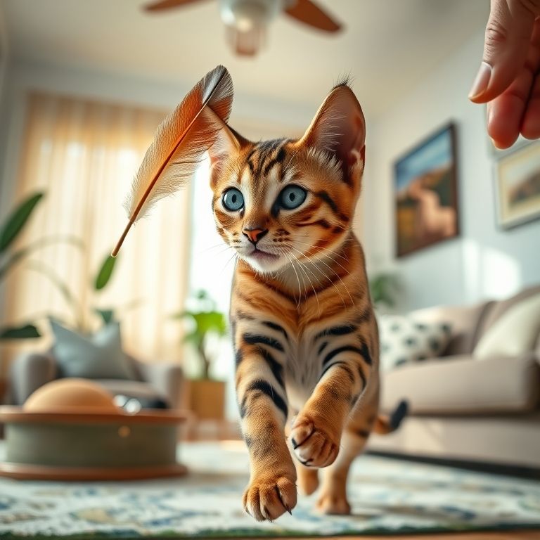 Gato Bengal pulando em brinquedo de pena em sala ensolarada.