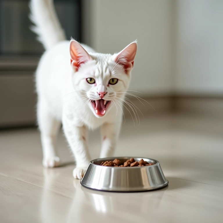 Gato branco miando alto perto da vasilha vazia