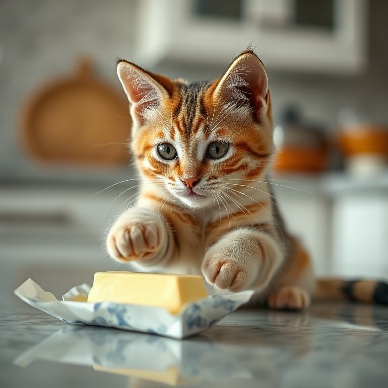 Gato brincando com embalagem de manteiga. Curiosidade felina e perigo oculto.