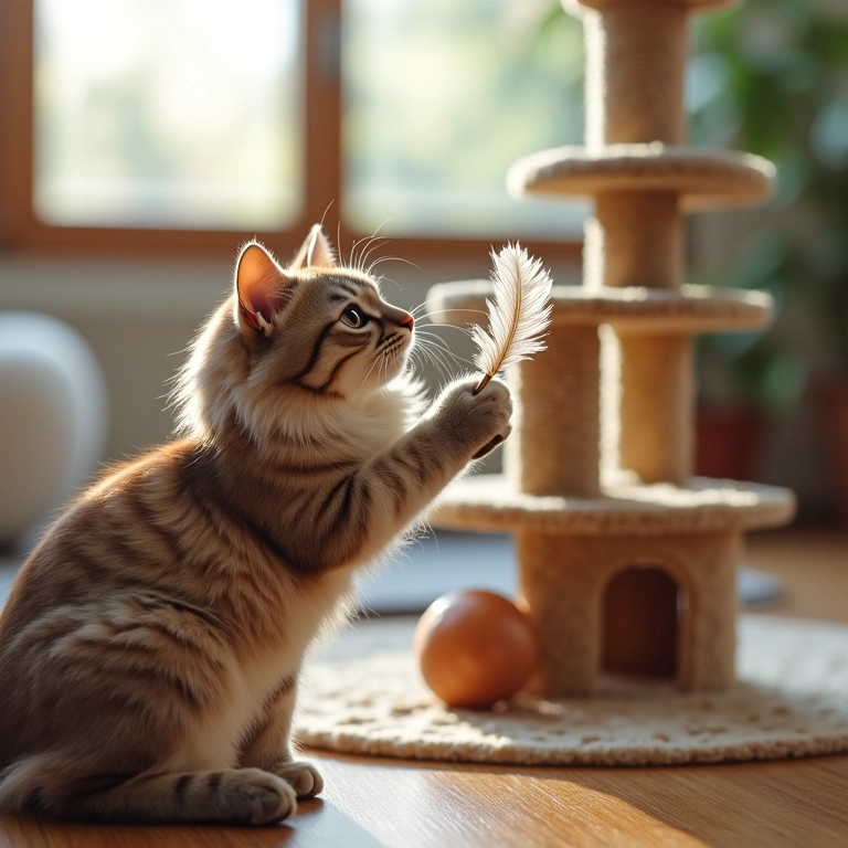 Gato brincando em ambiente seguro e enriquecido, com arranhador e brinquedos.