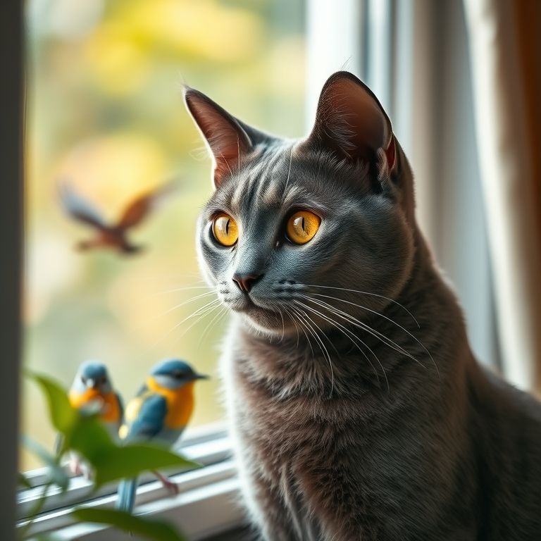 Gato Chartreux com olhos dourados observando pássaros na janela.
