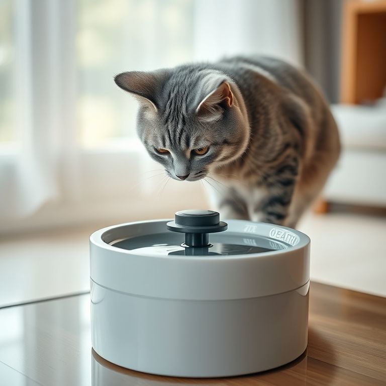 Gato cinza bebendo em fonte automática com sensor.