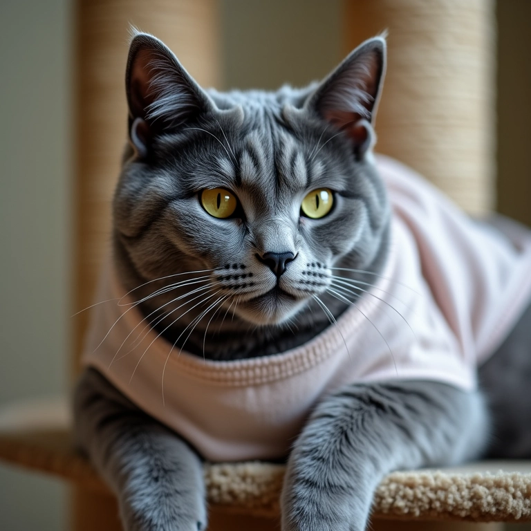 Gato cinza com roupa pós-cirúrgica descansando.