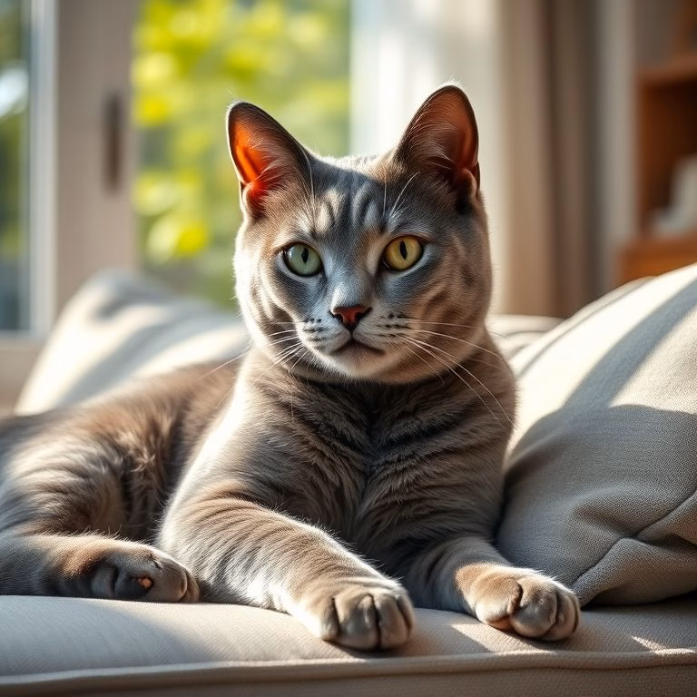 Gato cinza de raça mista relaxando em um sofá ensolarado.