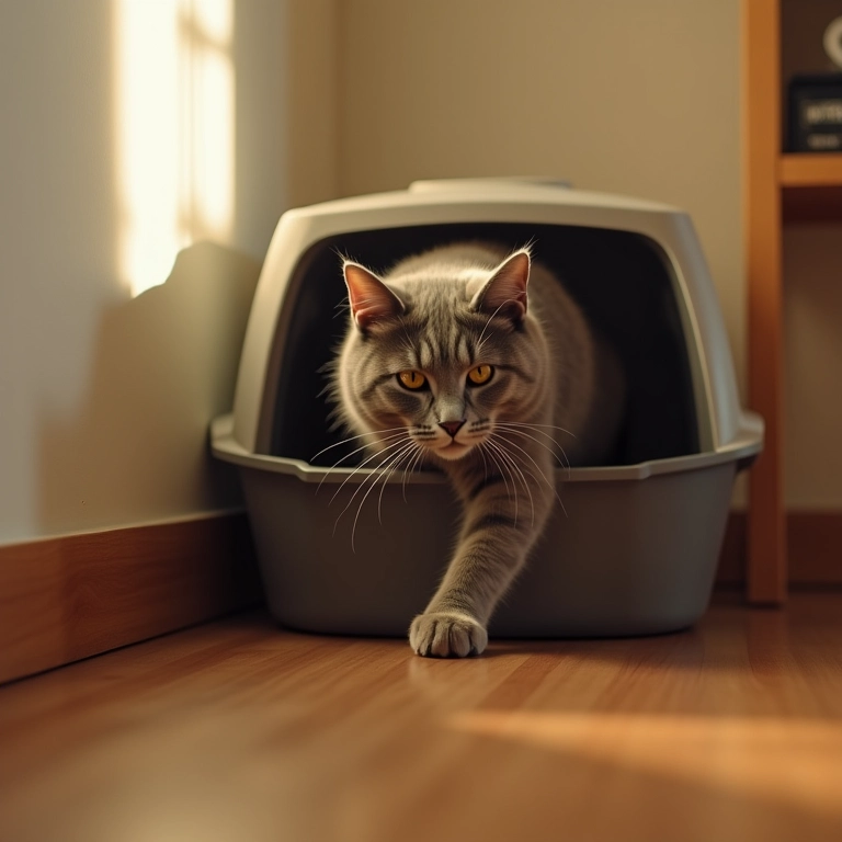 Gato cinza sai de uma caixa de areia fechada com tampa.
