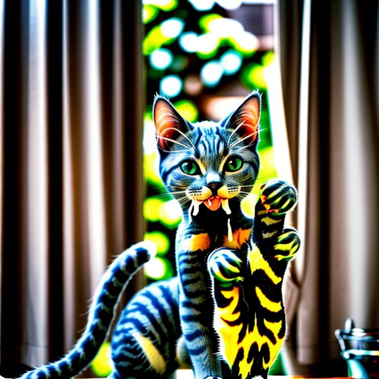 Gato cinza se limpando com a língua, foco no rosto e patas.