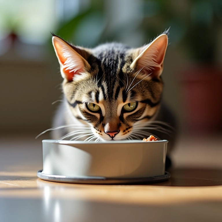 Gato come ração úmida em tigela.