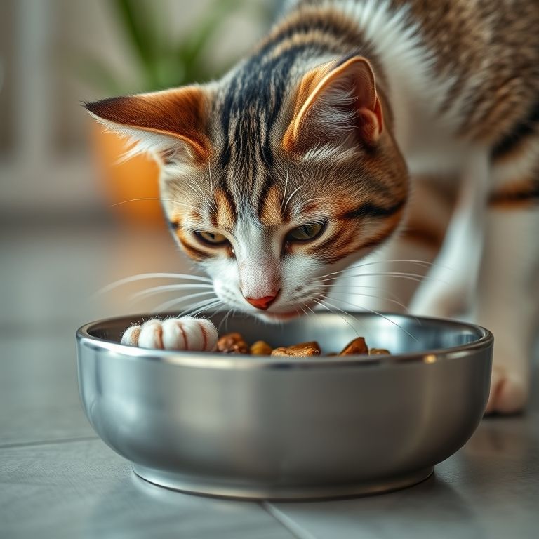 Gato comendo ração, patas próximas ao comedouro. Alimentação balanceada influencia no cheiro.