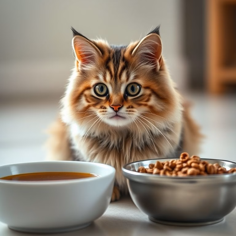Gato curioso olha para tigelas com ração úmida e seca.