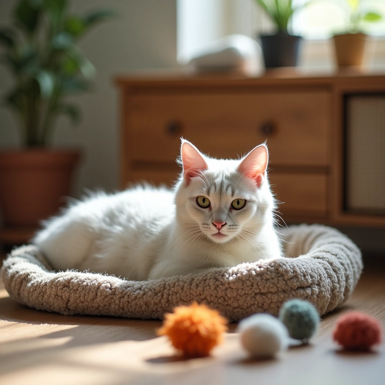 Gato deitado em cama confortável com brinquedos.
