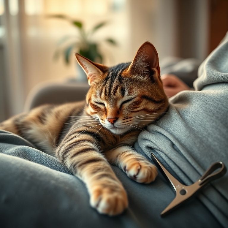 Gato dormindo no colo, cortador de unhas próximo.