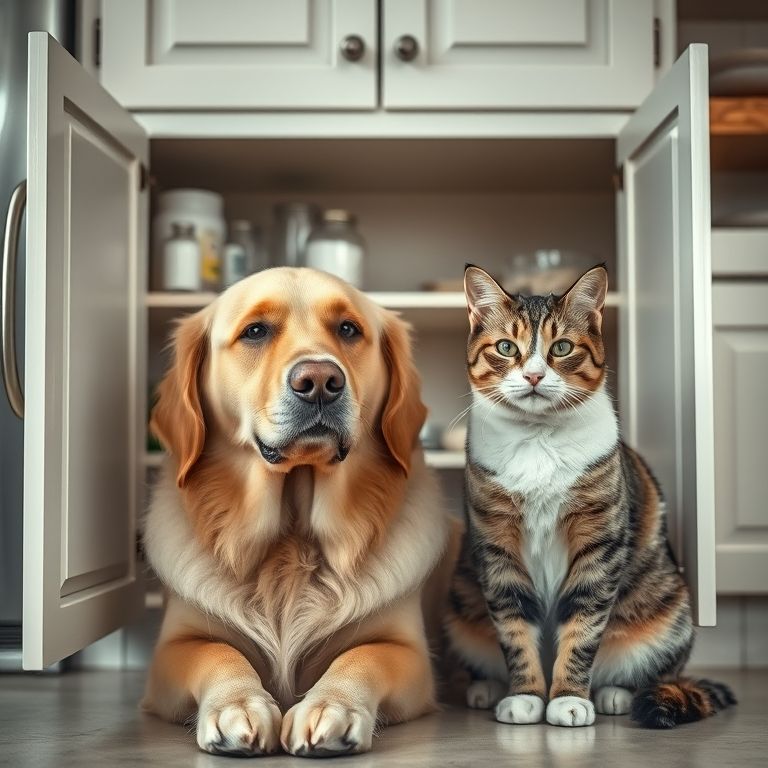 Gato e cachorro juntos perto de soluções caseiras para limpeza de orelha.