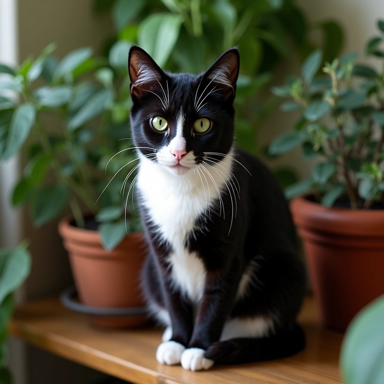 Gato frajola com padrão van sentado em uma prateleira com plantas.
