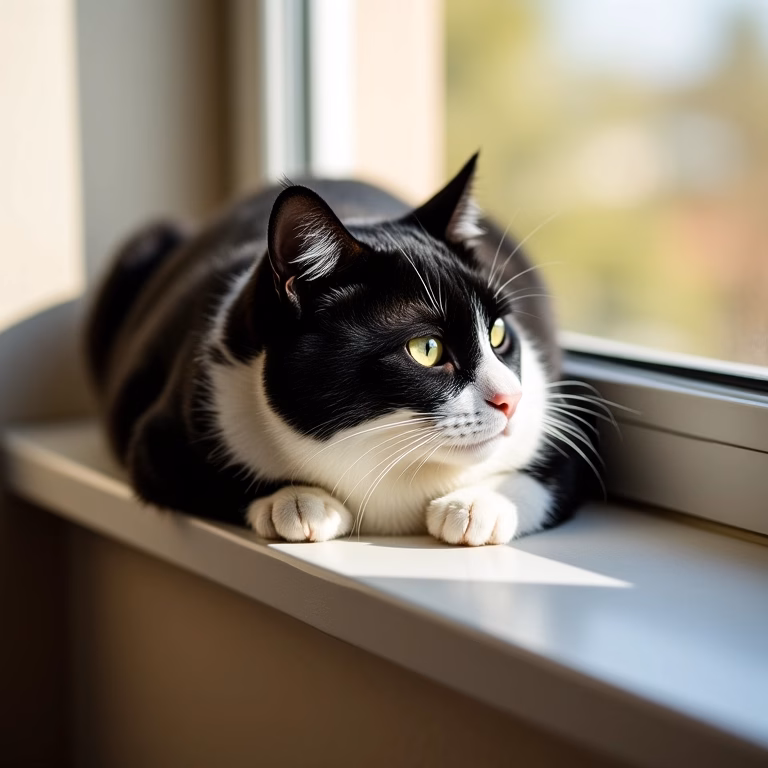 Gato frajola relaxando sob a luz do sol em um lar aconchegante.