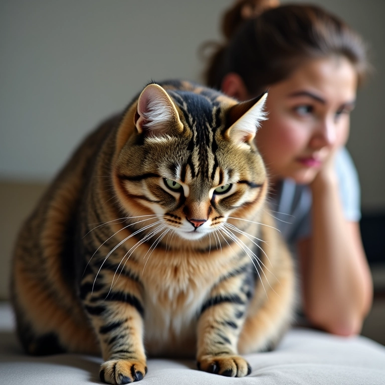 Gato gordo se lambendo constantemente, mulher preocupada.