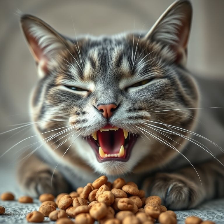 Gato idoso comendo ração seca, mostrando dentes saudáveis.