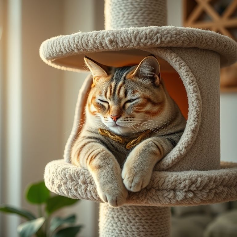 Gato idoso dormindo em árvore para gatos.