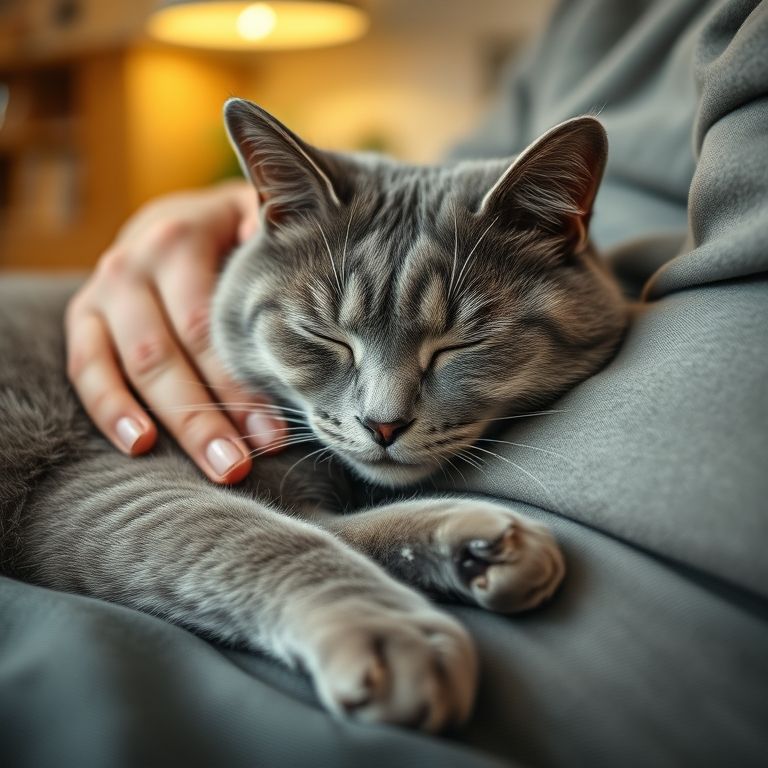 Gato idoso dormindo no colo, sendo acariciado.