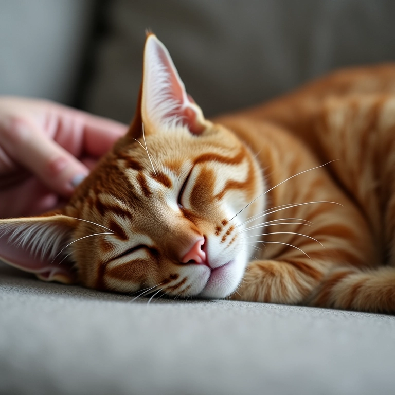Gato idoso dormindo no sofá enquanto recebe carinho na cabeça.
