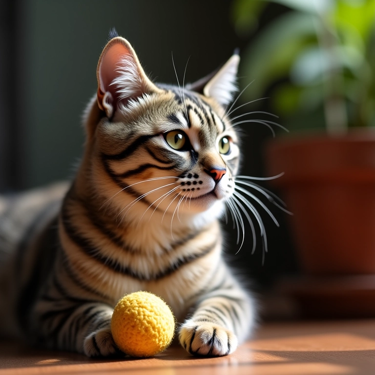Gato idoso ignora brinquedo, mostrando possível desinteresse.