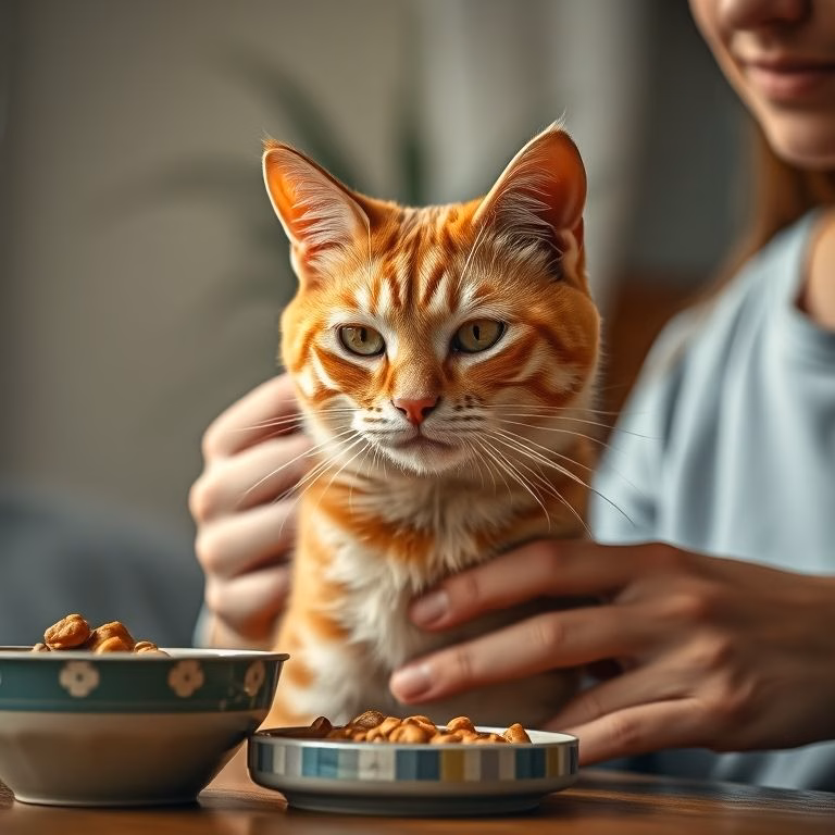 Gato idoso ruivo recusando comida enquanto tutor preocupado o acaricia.