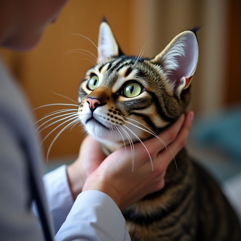 Gato idoso sendo examinado por veterinário, ambiente acolhedor.