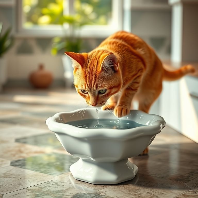 Gato laranja bebendo em chafariz de cerâmica.