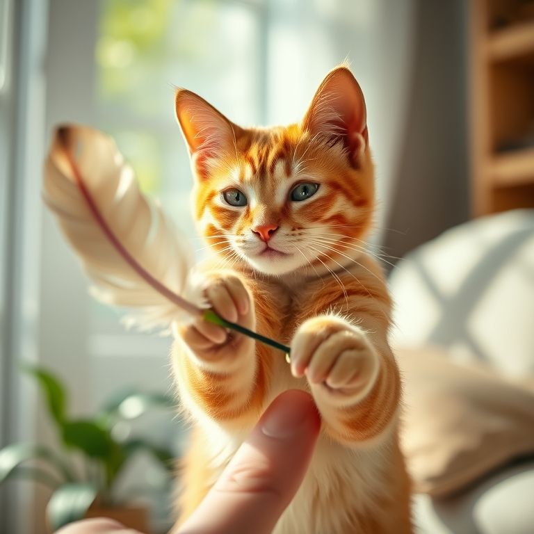 Gato laranja brincando com pena, mão humana desfocada, apartamento ensolarado.