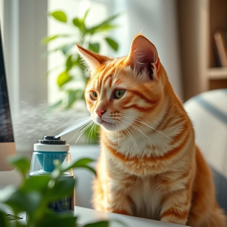 Gato laranja cheirando um borrifador com spray repelente perto de uma mesa.