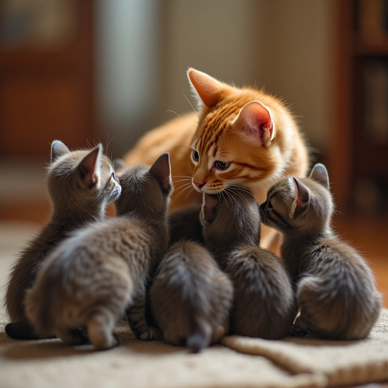 Gato laranja cuidando de filhotes órfãos.