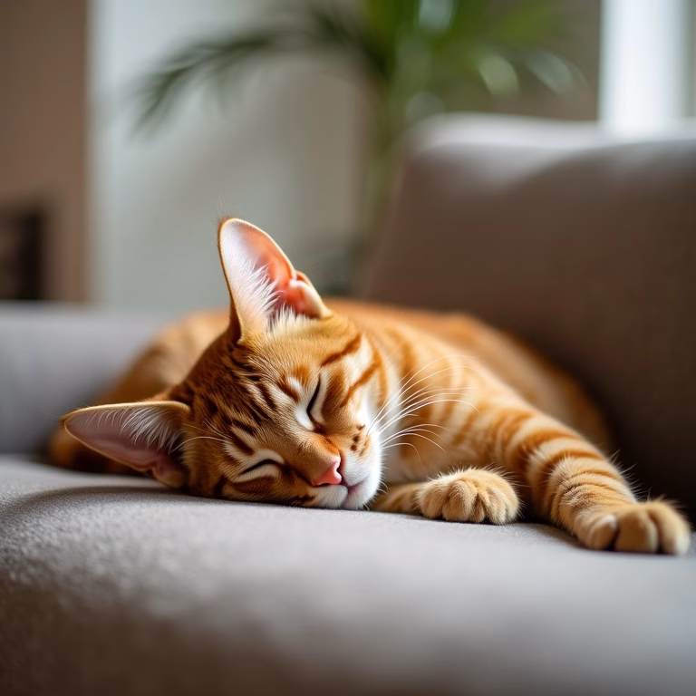 Gato laranja dormindo em sofá aconchegante.