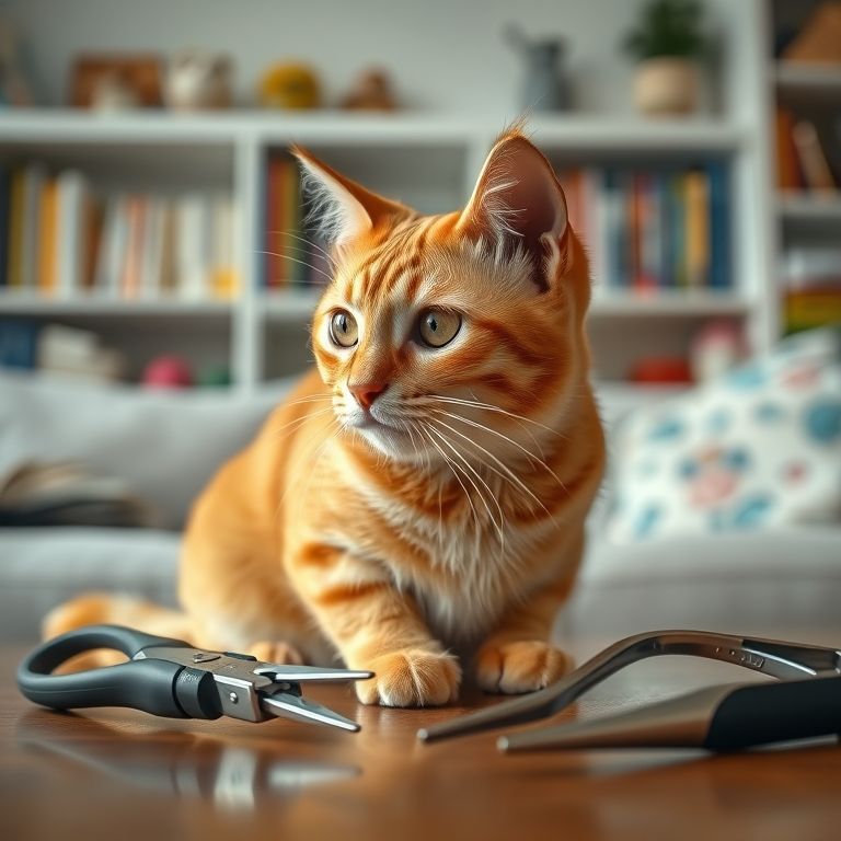 Gato laranja evitando olhar para cortador de unhas.