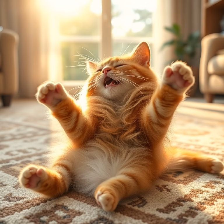 Gato laranja fofo rolando no tapete com expressão de felicidade