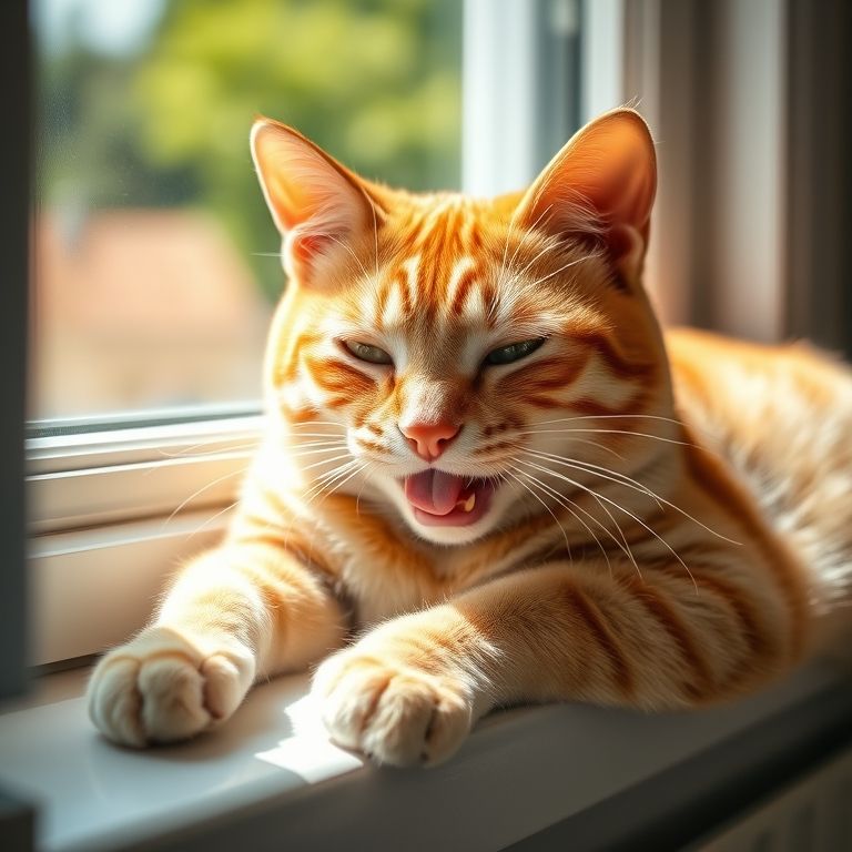 Gato laranja lambendo o pelo sob a luz do sol, detalhe das papilas filiformes.