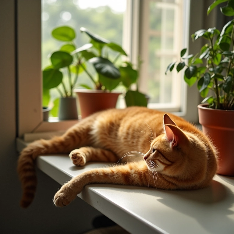 Gato laranja se espreguiçando e miando longo