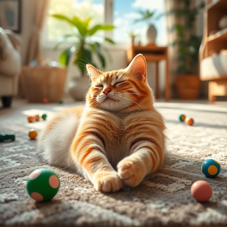 Gato laranja se revira alegremente em catnip, tapete da sala iluminado pelo sol.